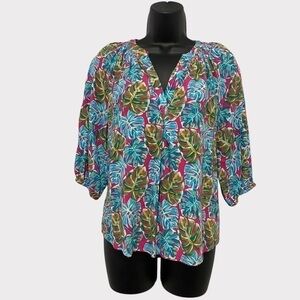 Crown & Ivy Pink Green & Blue Floral Leaf Print Peasant Top Size Small Petite